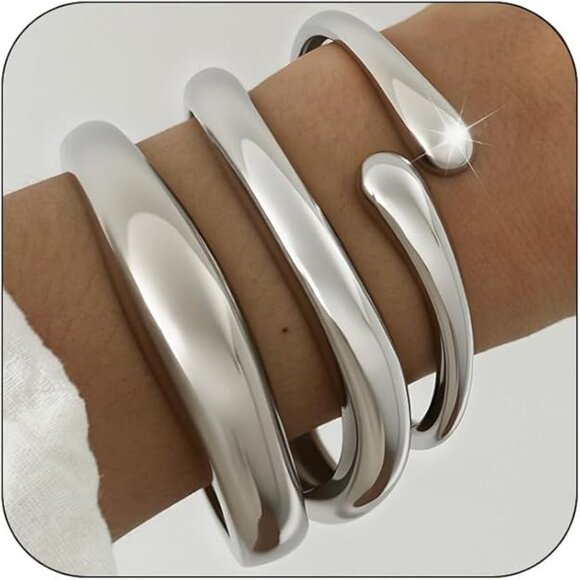 3Pcs Silver Twisted Hinged Stackable Bangle Bracelet Set, Trendy Cuff Bracelet - Picture 4 of 5